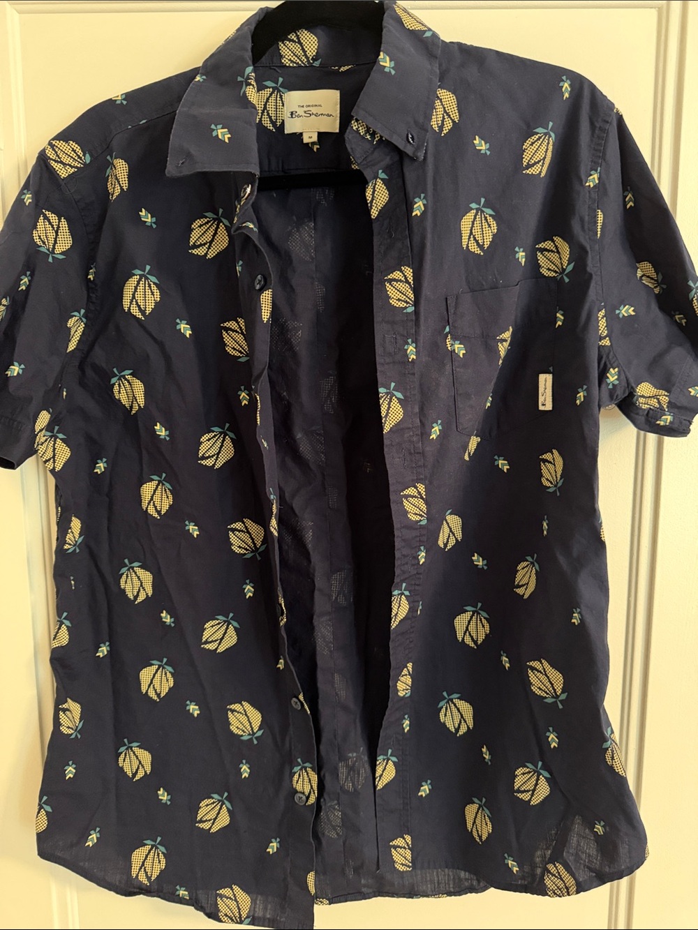 Ben Sherman Navy Button-Down Short Sleeve Shirt with Yellow Flower Print